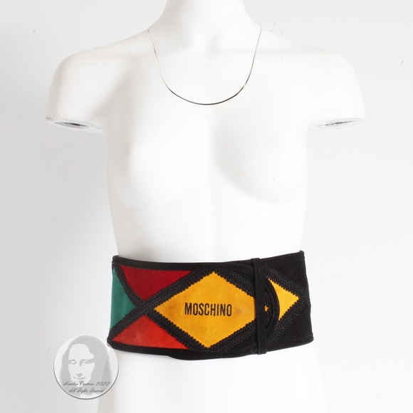 Moschino Wide Belt Suede Leather Harlequin Style Multicolor Rare Vintage 80s main image 5